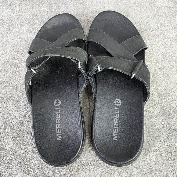 Womens Merrell Black Leather Slide Sandals With Cross Strap Design Size 8 - Picture 7 of 9